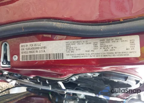 2021 Jeep Grand Cherokee L Limited 4X4 z USA, uszkodzony, nr VIN 1C4RJKBG6M8132181